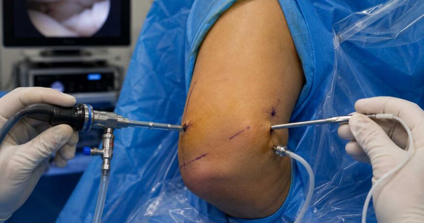 Arthroscopic surgery on an elbow with surgical instruments inserted through small incisions