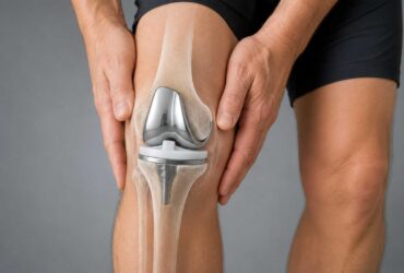 Ολική-Αρθροπλαστική-Γόνατος-(Total-Knee-Replacement) Knee joint with a knee replacement implant and hands supporting the leg