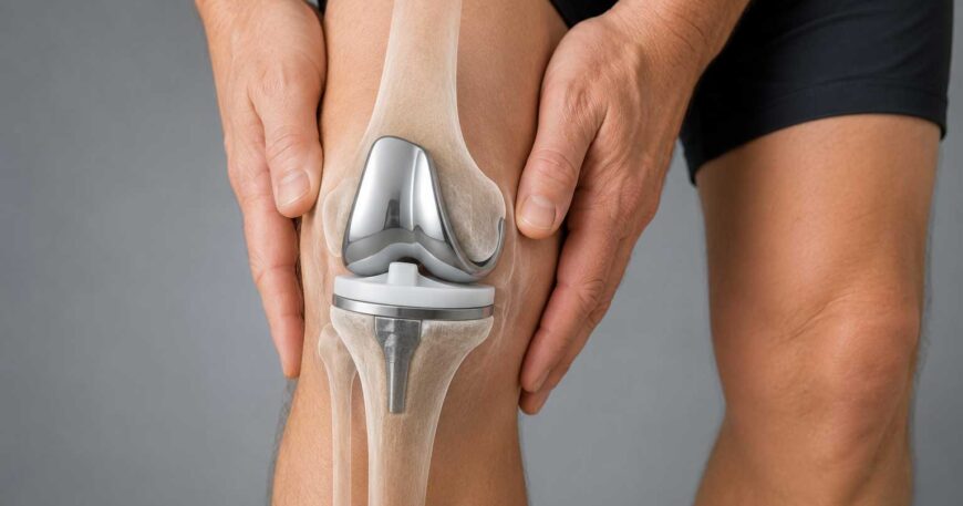 Knee joint with a knee replacement implant and hands supporting the leg
