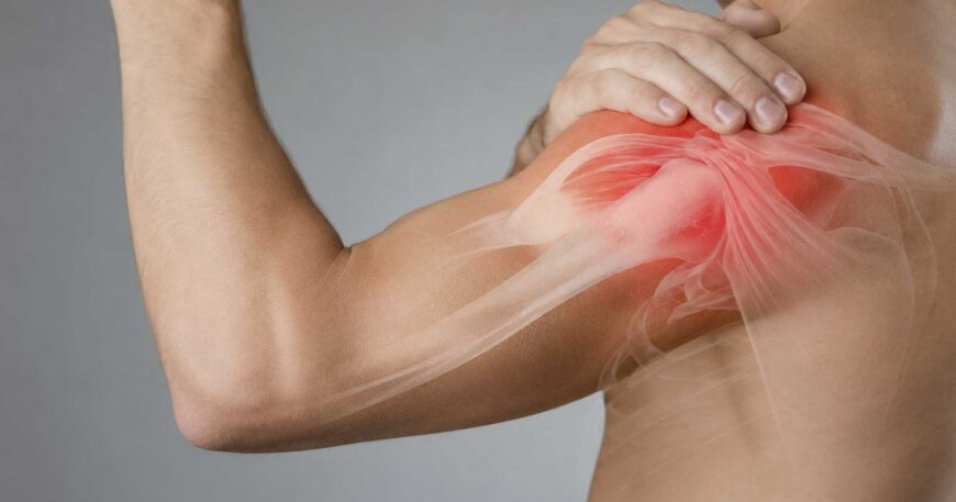 Man holding his shoulder with highlighted pain in the rotator cuff area